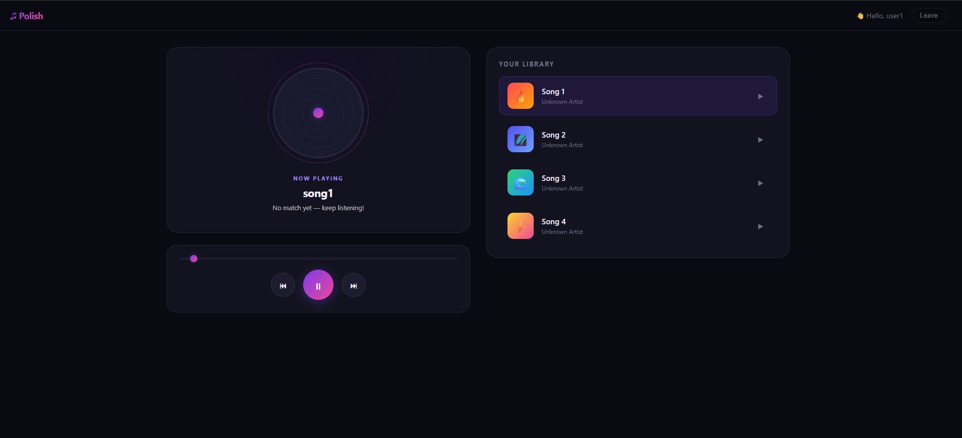 Polish app now playing state — song selected with pause button